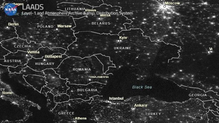 Satellite Images: A Blacked-Out Ukraine Surrounded by Lit Neighbours￼
